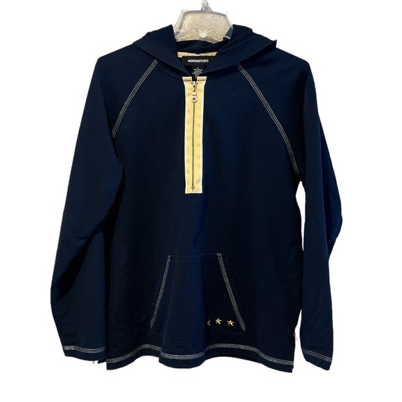 Norton Studio quarter zip hoodie, navy blue kangaroo pockets yellow star trim - Picture 1 of 13
